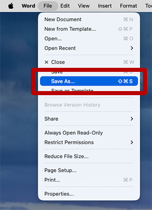 macOS Microsoft Word File menu open with “Save As…” highlighted.