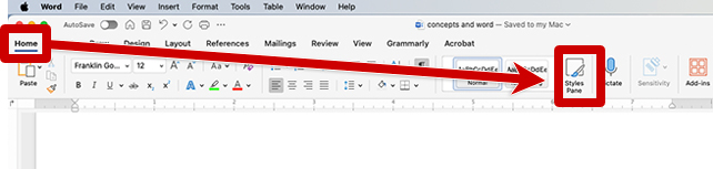 screenshot of the styles pane button in the home tab Microsoft word for mac