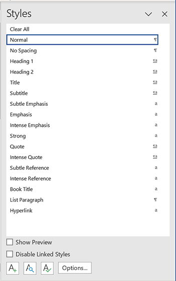 screenshot of the styles pane in Microsoft word