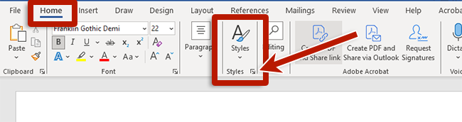 screenshot of the styles pane in the home tab n Microsoft word