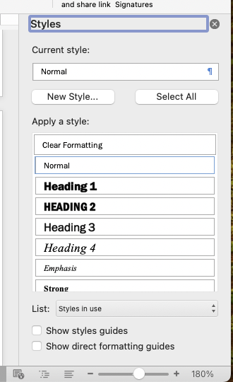 screenshot of the styles pane in Microsoft word
