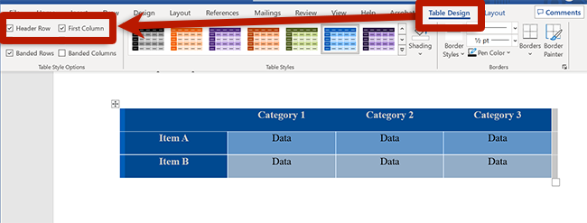 screenshot of the table design ribbon in word highlighting the button to add table headers