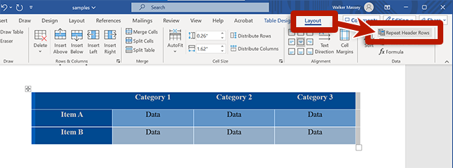 screenshot of the table design ribbon in word highlighting the button to repeat table headers