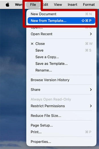 Screenshot of the File menu in a Mac app, with the “New from Template…” option highlighted.