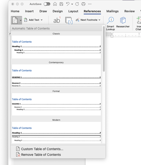 screenshot of the references ribbon in microsoft word