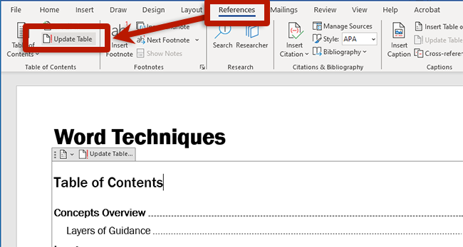 screenshot of the table of contents editor in Microsoft word