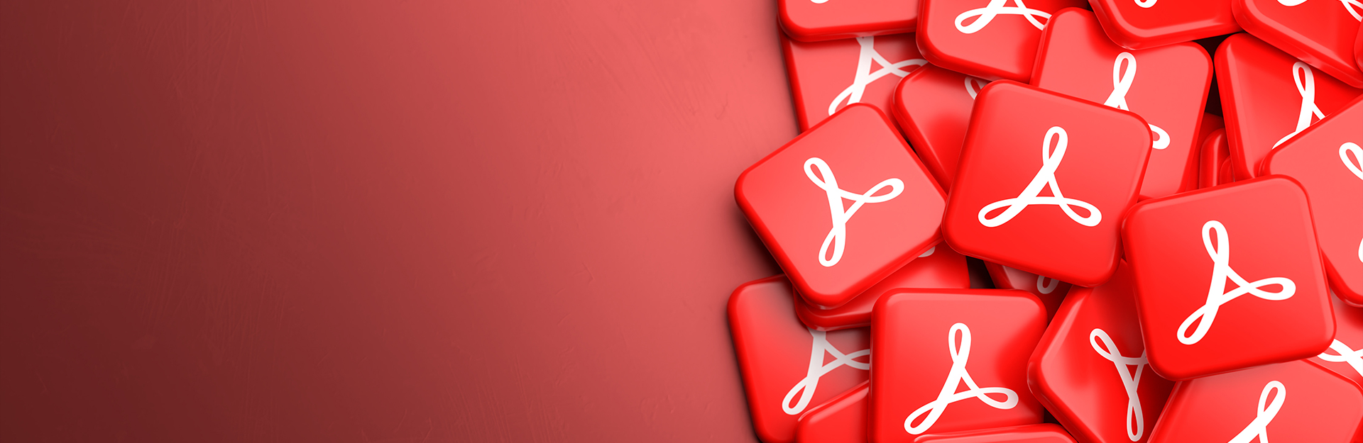 a pile of Adobe Acrobat logo tiles stacked on a dark orange solid background
