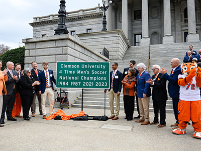 Clemson United National Champions 2023 Mens Soccer team Road Sign unveiling in front of state house.