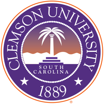 Thin orange circle outline surrounding solid purple circle with the words Clemson University, a star, 1889, and another star in white text going around the edge of the purple disc. In the center is a white palm tree with steps at it's base and South Carolina centered in white letters. 