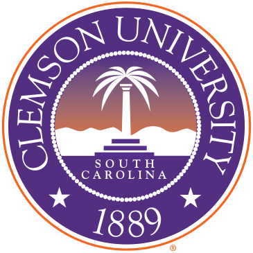 Thin orange circle outline surrounding solid purple circle with the words Clemson University, a star, 1889, and another star in white text going around the edge of the purple disc. In the center is a white palm tree with steps at it's base and South Carolina centered in white letters.