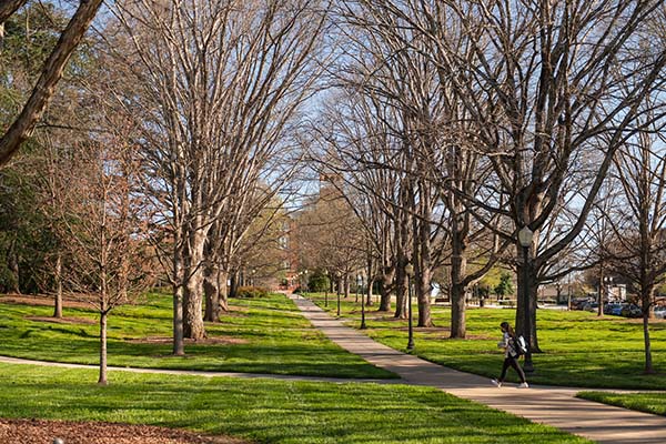 View of Tillman hall through the leafless trees near Fort Hill during early winter. 