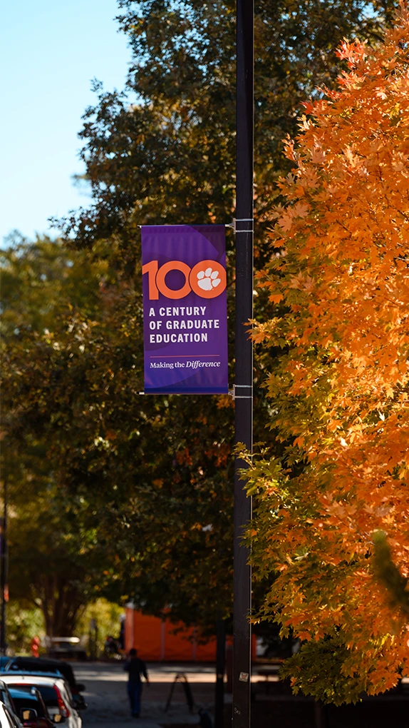 a campus streetlight with a banner reading 100 years of graduate education at clemson