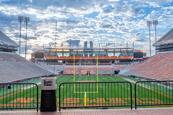 Clemson's football field and stands, empty during the day.
