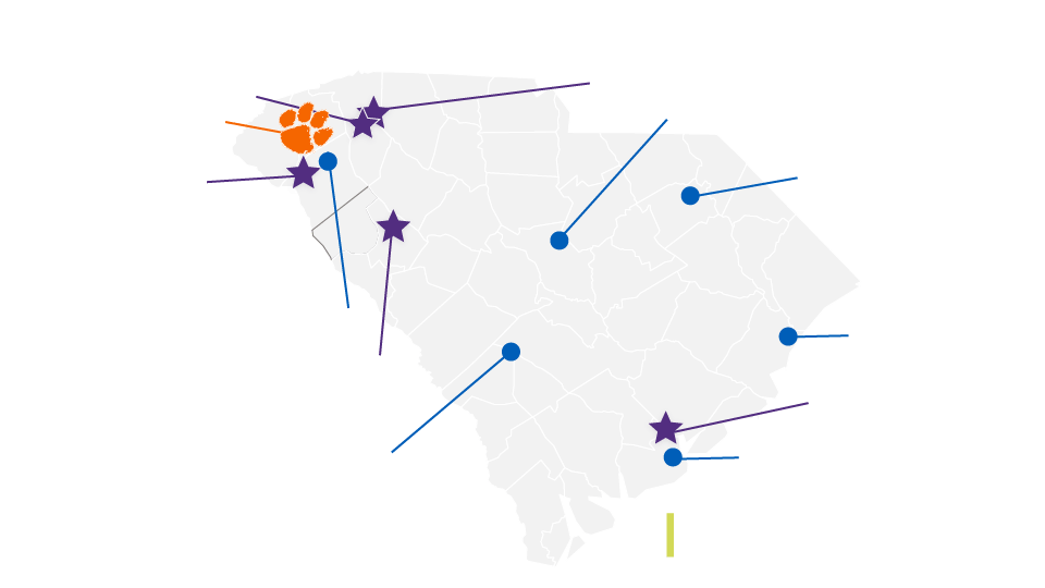 a graphic of south carolina each of Clemson's facilities marked across the state and main campus indicated in the top northwest corner of the state