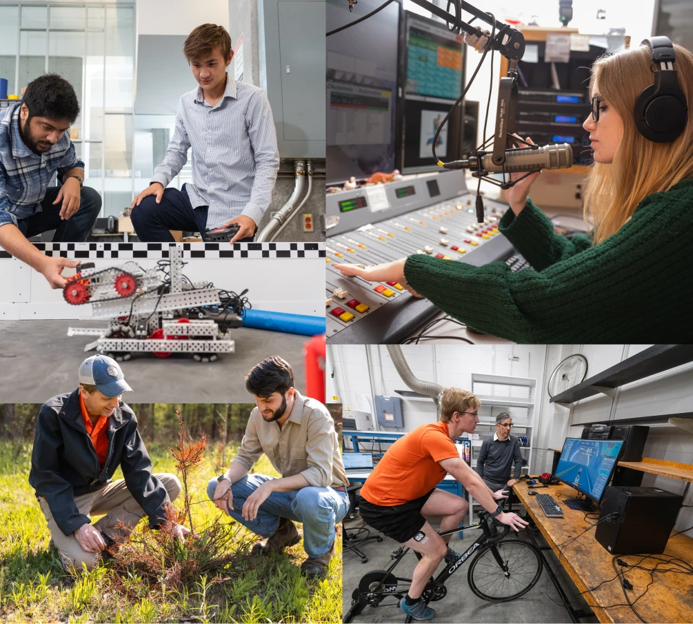 A collage, clockwise from left, of two male students looking at a small metal vehicle robot, a female student sitting in front of a microphone in a radio station, a male student and male professor looking at a monitor while operating a biking simulator, and a male student and male professor crouching down next to a tree sapling.