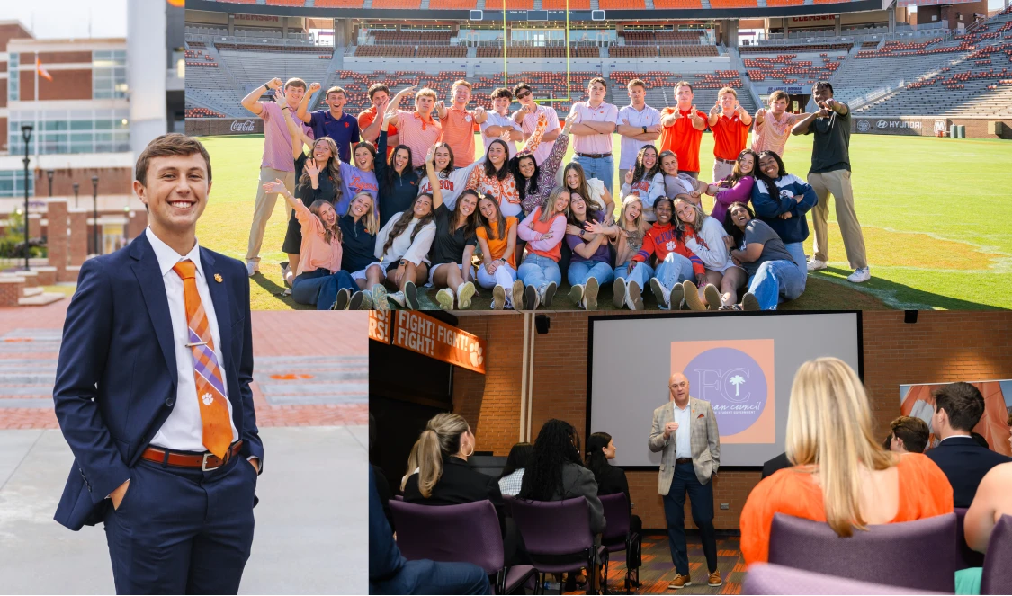 A composite of a male student wearing a navy suit and orange tie, a group of students in Clemson apparel posing for a photograph and a male professor presenting in a meeting space.
