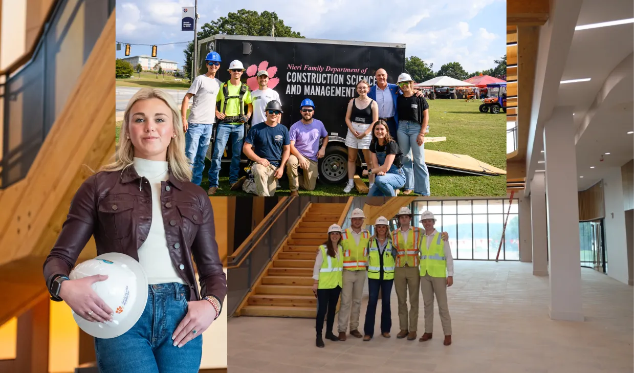 A composite of a female student wearing blue jeans, a cream sweater and a brown leather jacket holding a white construction hard hat; a group of construction science and management students in front of a small black trailer standing on Bowman Field; and a group of construction science and management students wearing bright yellow safety vests and white hard hats inside of an empty building that is under construction.