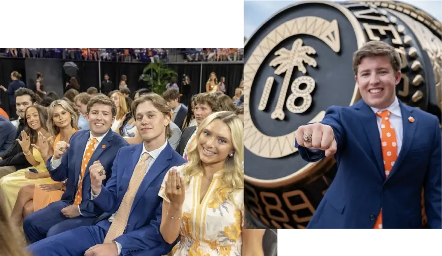 A composite of college students gathering at a ring ceremony displaying their class rings, and a male student wearing a navy suit displays the ring on his hand in front of a giant statue of the Clemson Ring.
