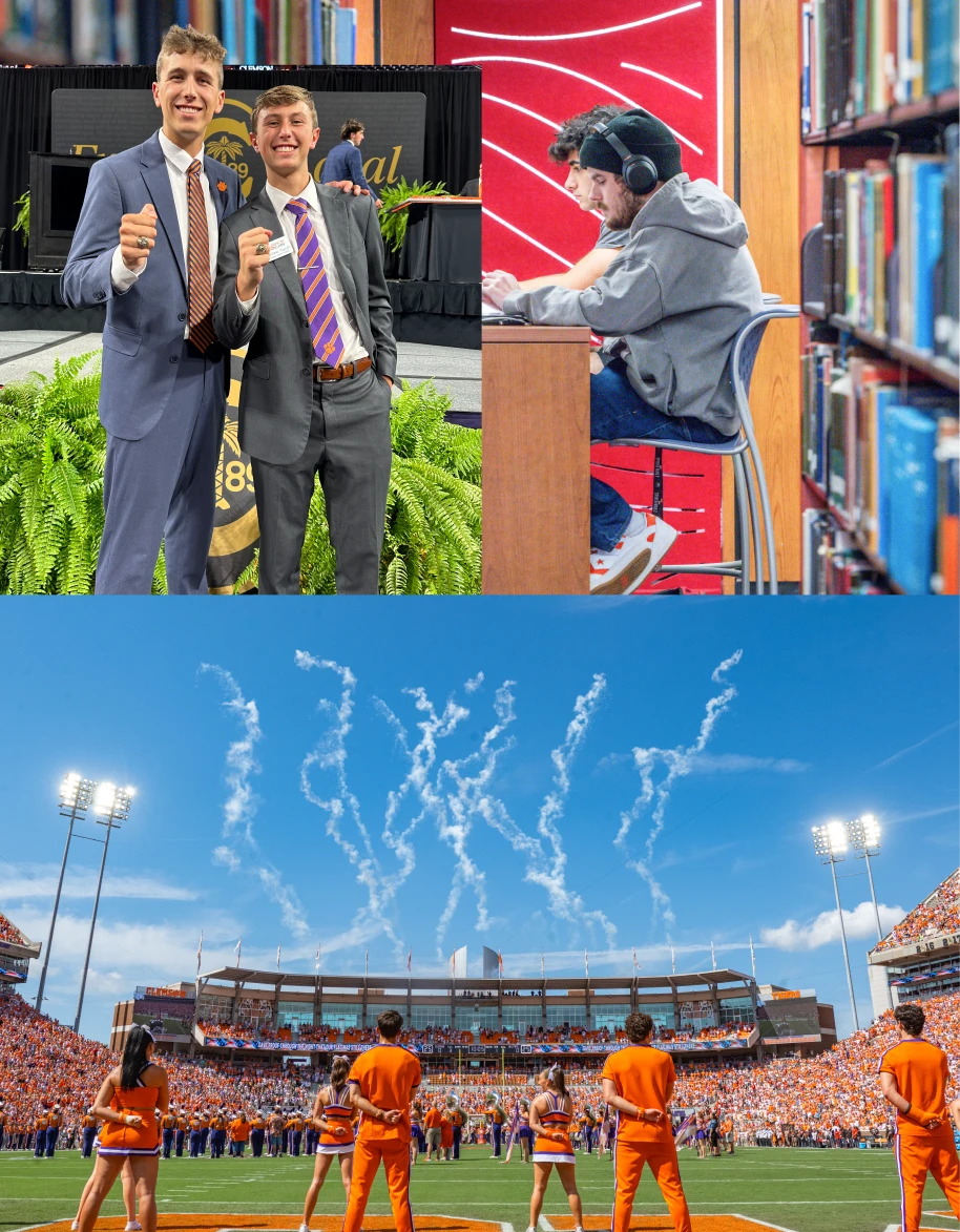 A composite of two male students wearing suits and posing with their Clemson Rings, two male students studying at a high-top desk in a library, and a group of cheerleaders standing on a football field during a plane flyover.