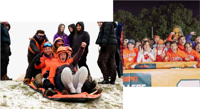 A composite of four students squeezed on a sled on a snow-covered hill and a group of students in Clemson gear gathered together and cheering.