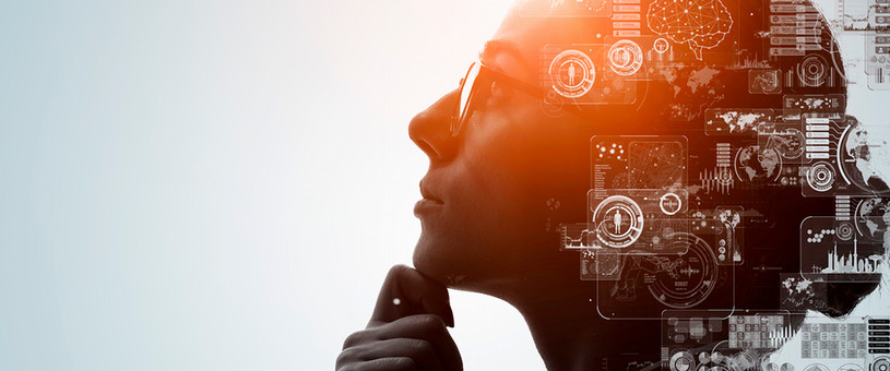 Student thinking with general computing imagery superimposed in layers above and behind her head