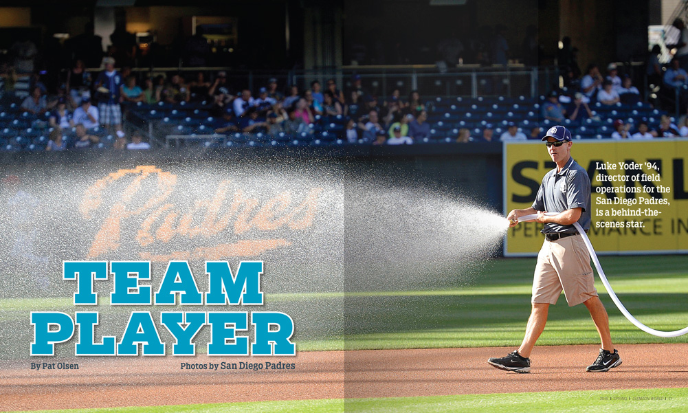 magazine layout featuring image of groundskeeper spraying water on baseball field