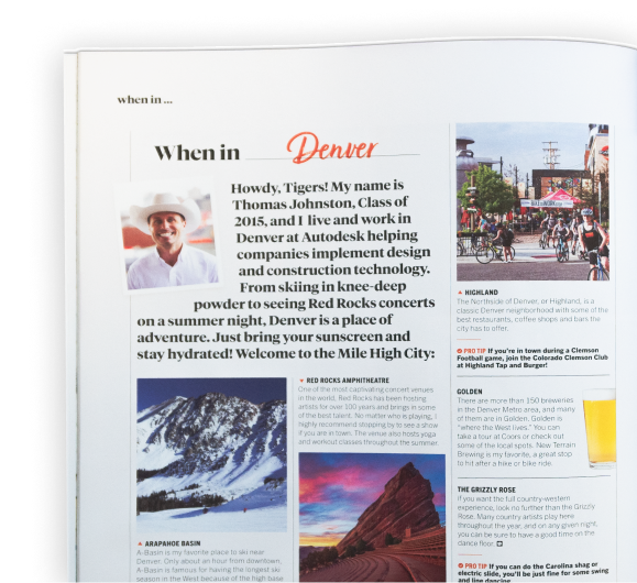 When in Denver grid design in Clemson World Magazine.