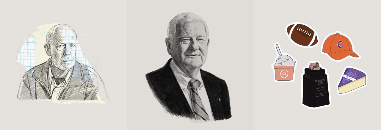 A draft sketch of a man wearing casual clothes on graph paper, a final sketch of an elderly man in businesswear, and casual hand sketches of Clemson items like Howard's Rock, ice cream, blue cheese, a baseball cap and a football.