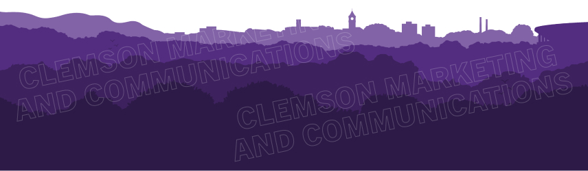 Purple Clemson skyline illustration with Clemson Marketing and Communications watermark.