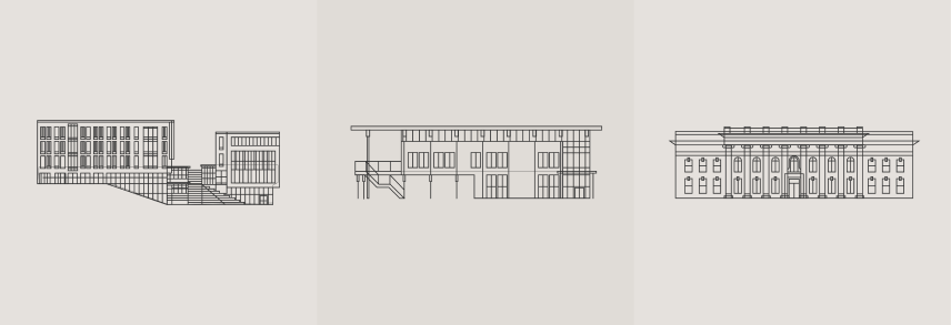 Three line illustrations of the business building, Cooper Library and Sikes Hall at Clemson.