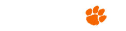 White Clemson Wordmark with Orange Paw on purple background