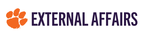 Sample External Affairs Wordmark, orange and purple on white background