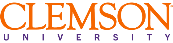 Clemson University Wordmark + Paw, orange and purple on light background