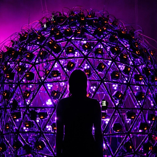 Silhouette of a person standing in front of a purple-lit geodesic dome structure filled with cables and small glowing lights.