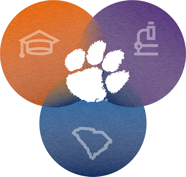 Three overlapping circles (orange, purple, and blue) with graduation cap, microscope, and South Carolina outline icons, centered on a white paw print.