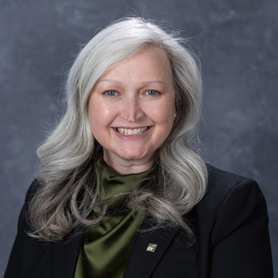 Professional headshot of a woman with long, wavy silver hair wearing a black blazer and green blouse, smiling against a gray background.