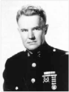 Black and white portrait of a military man in uniform, featuring several medals on his chest.