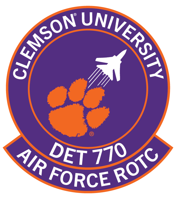 Clemson University Air Force ROTC logo featuring a purple and orange color scheme with a paw print and aircraft silhouette.
