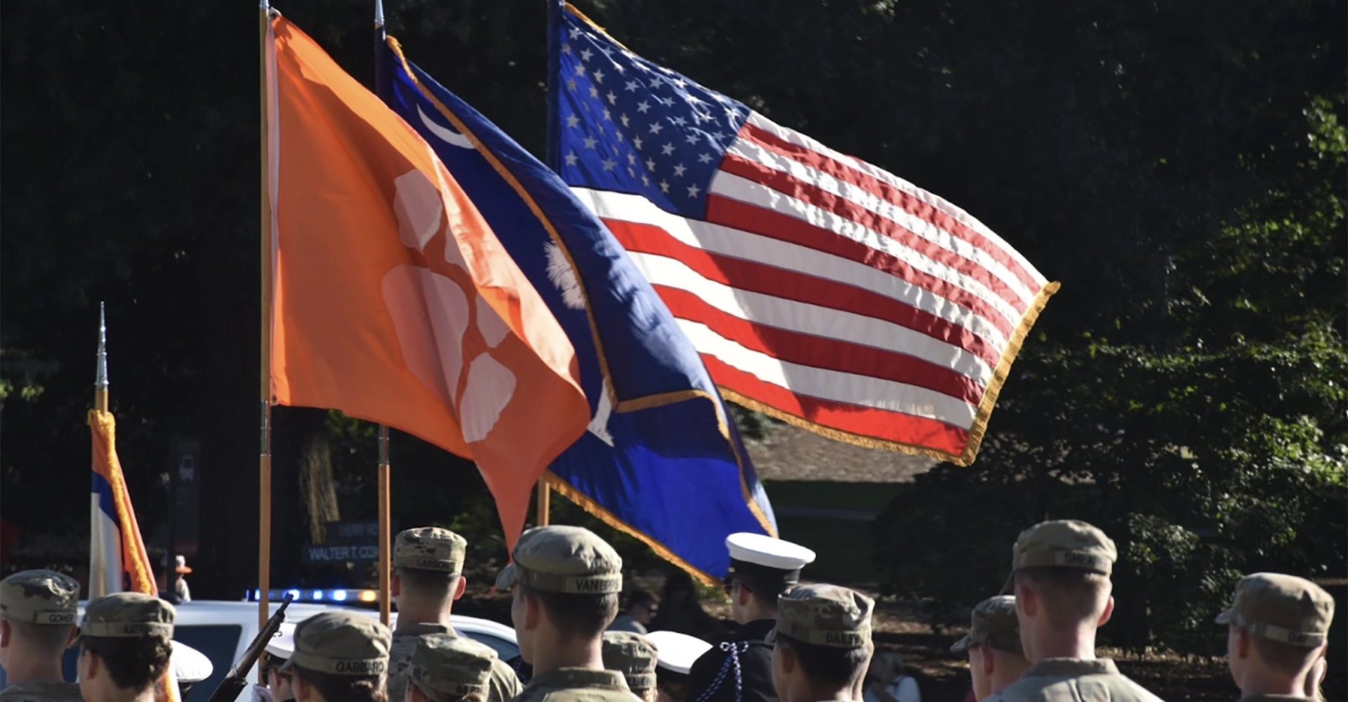 ARMY ROTC cadets lined up in camouflage on Bowman Field.