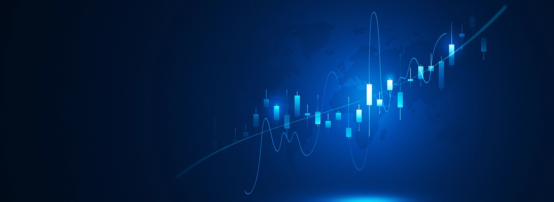 Abstract business analytics illustration with a rising bar chart and upward arrow, plus a checkmark and lightbulb icons over a digital interface background.