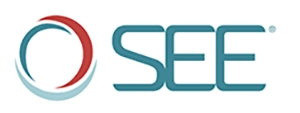 Logo of the SEE organization, featuring a stylized circular design and bold lettering.