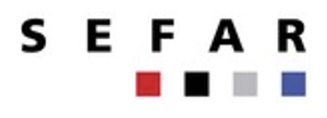 Sefar logo featuring bold black letters with colored squares in red, black, and gray below.