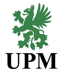 Green griffin logo of UPM with the letters "UPM" beneath it.