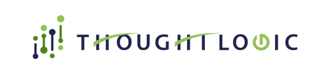 Thought Logic logo with an abstract green-and-blue dot-and-line icon and the wordmark “THOUGHT LOGIC,” featuring a power-button symbol in the O.