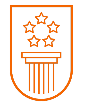 Orange outline of a shield featuring a classical column and five stars above, symbolizing strength and unity.