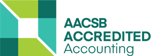 AACSB Accredited Accounting logo featuring a geometric design with green and teal colors.