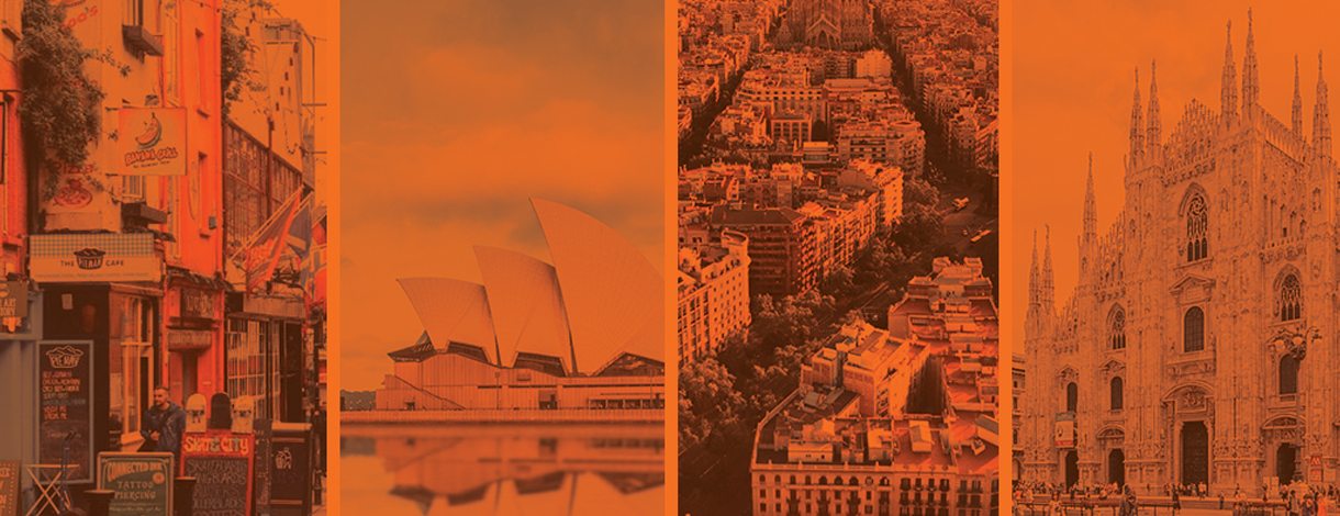 Graphic in orange showing four different international cities.