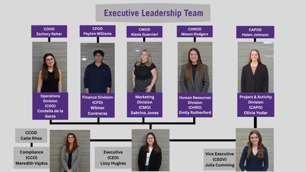 Organizational chart titled “Executive Leadership Team” with headshots and names of executives across operations, finance, marketing, human resources, and project & activity divisions, plus additional