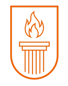 Logo featuring a stylized flame above a classical column, set within a shield outline.