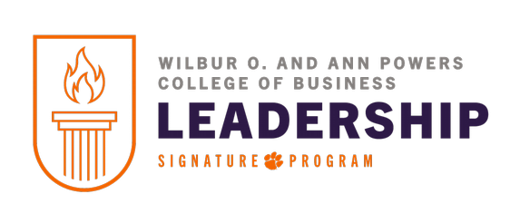 Logo of the Wilbur O. and Ann Powers College of Business, featuring a flame and pillar design, highlighting the Leadership Signature Program.